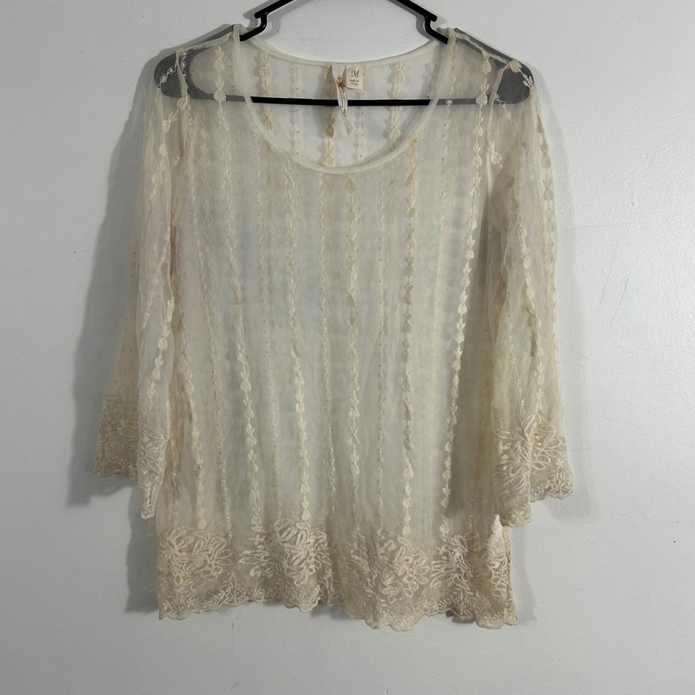 Adiva Lace Blouse Womens Medium Cream Sheer Embroidered B2B1792A139AD